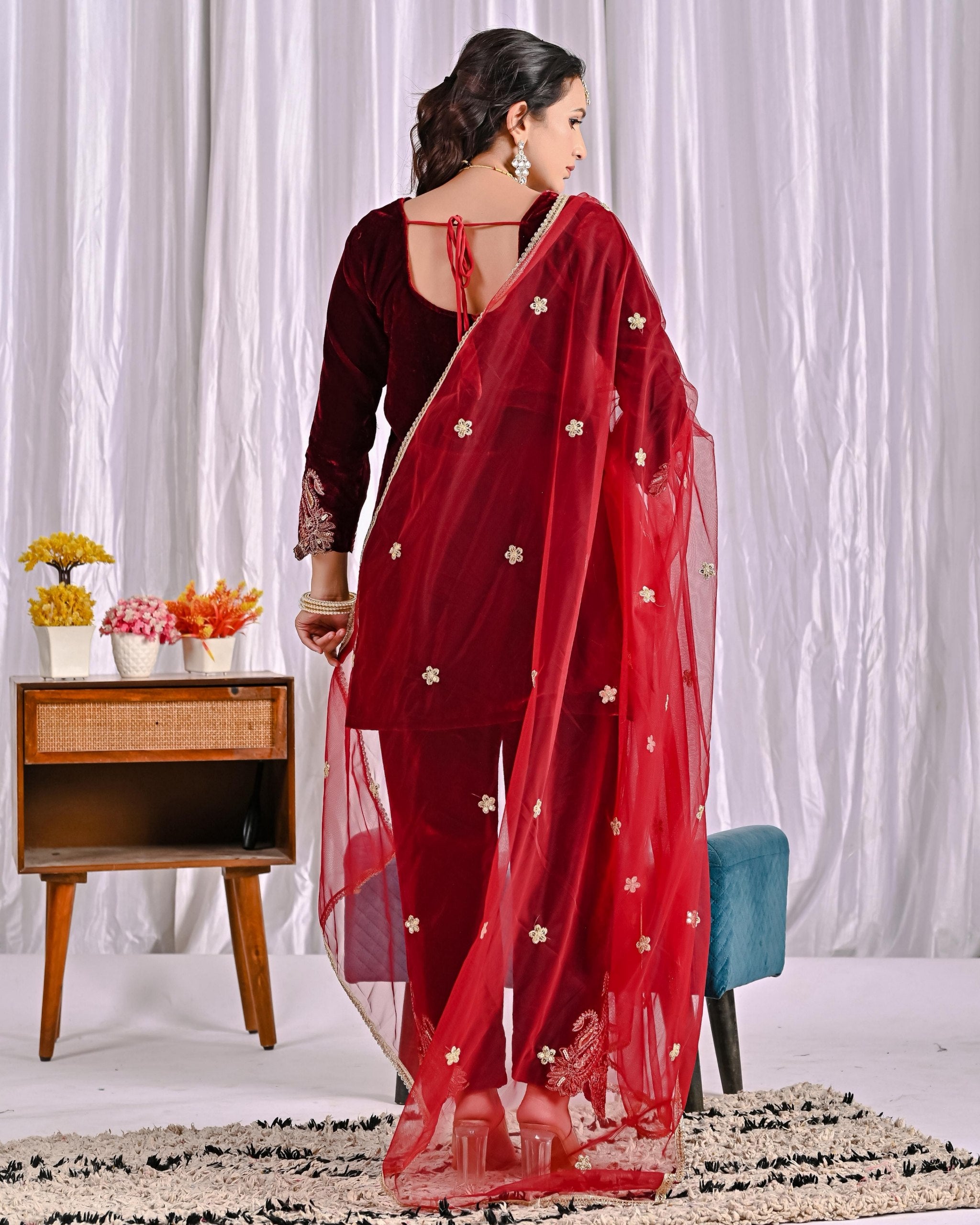 Exclusive Red Velvet Embroidery Work Salwar Suit With Dupatta
