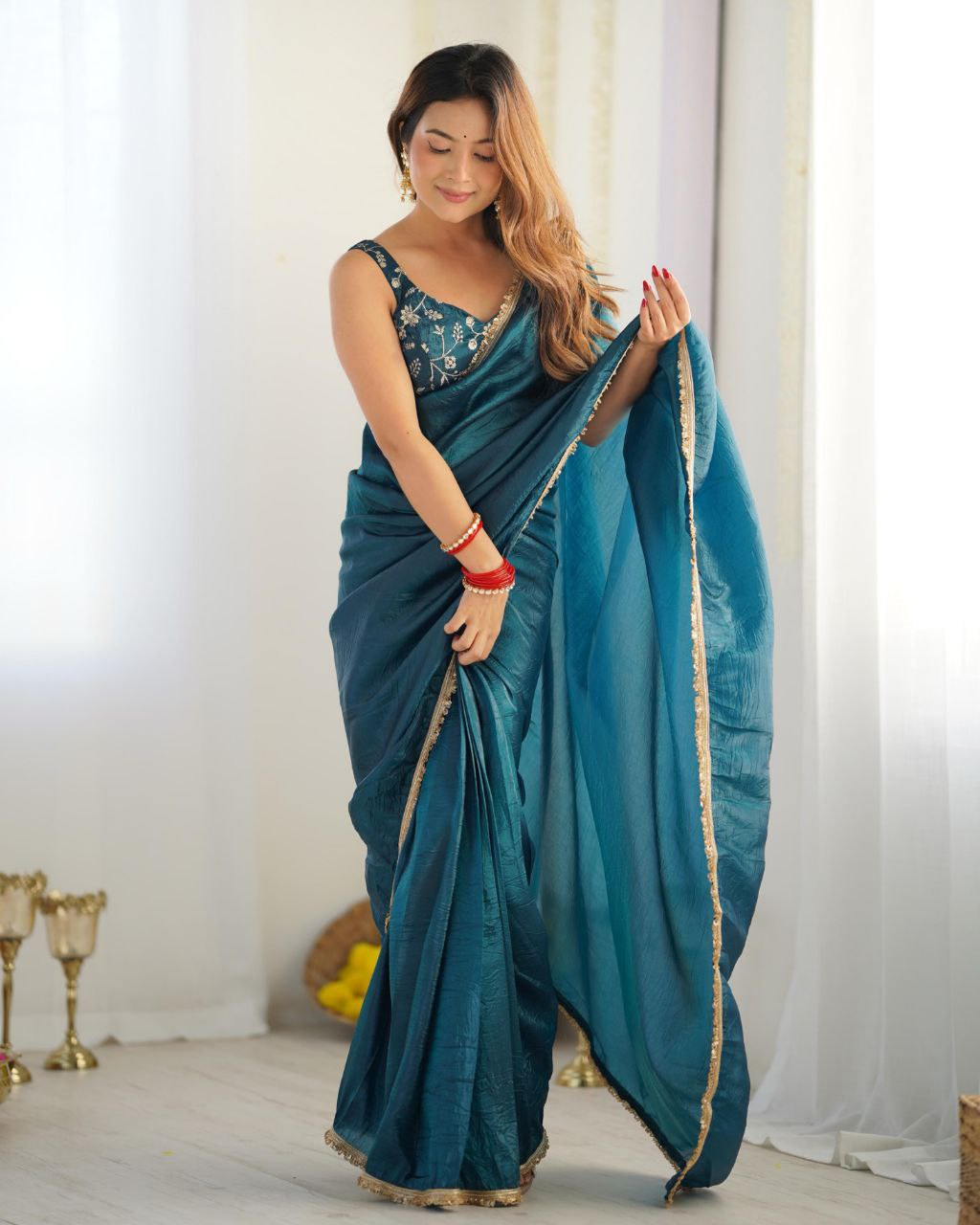 Blue , Rani And Onion Tissue Silk Sequence Work Saree With Blouse