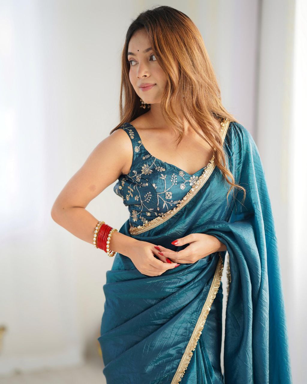 Blue , Rani And Onion Tissue Silk Sequence Work Saree With Blouse