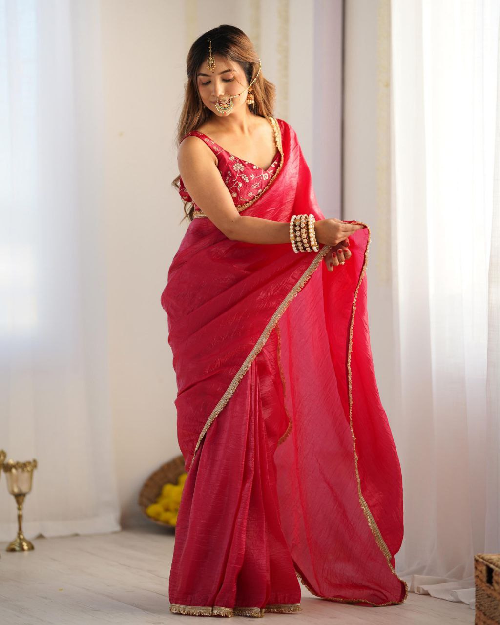 Blue , Rani And Onion Tissue Silk Sequence Work Saree With Blouse