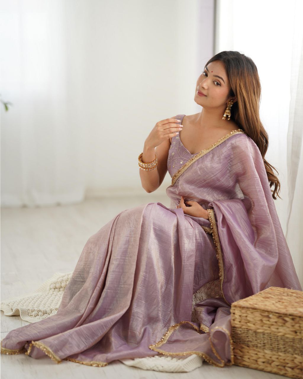 Blue , Rani And Onion Tissue Silk Sequence Work Saree With Blouse