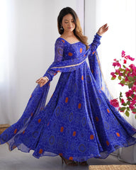 Green , Pink , Red & Blue Chiffon Printed Anarkali Suit With Dupatta