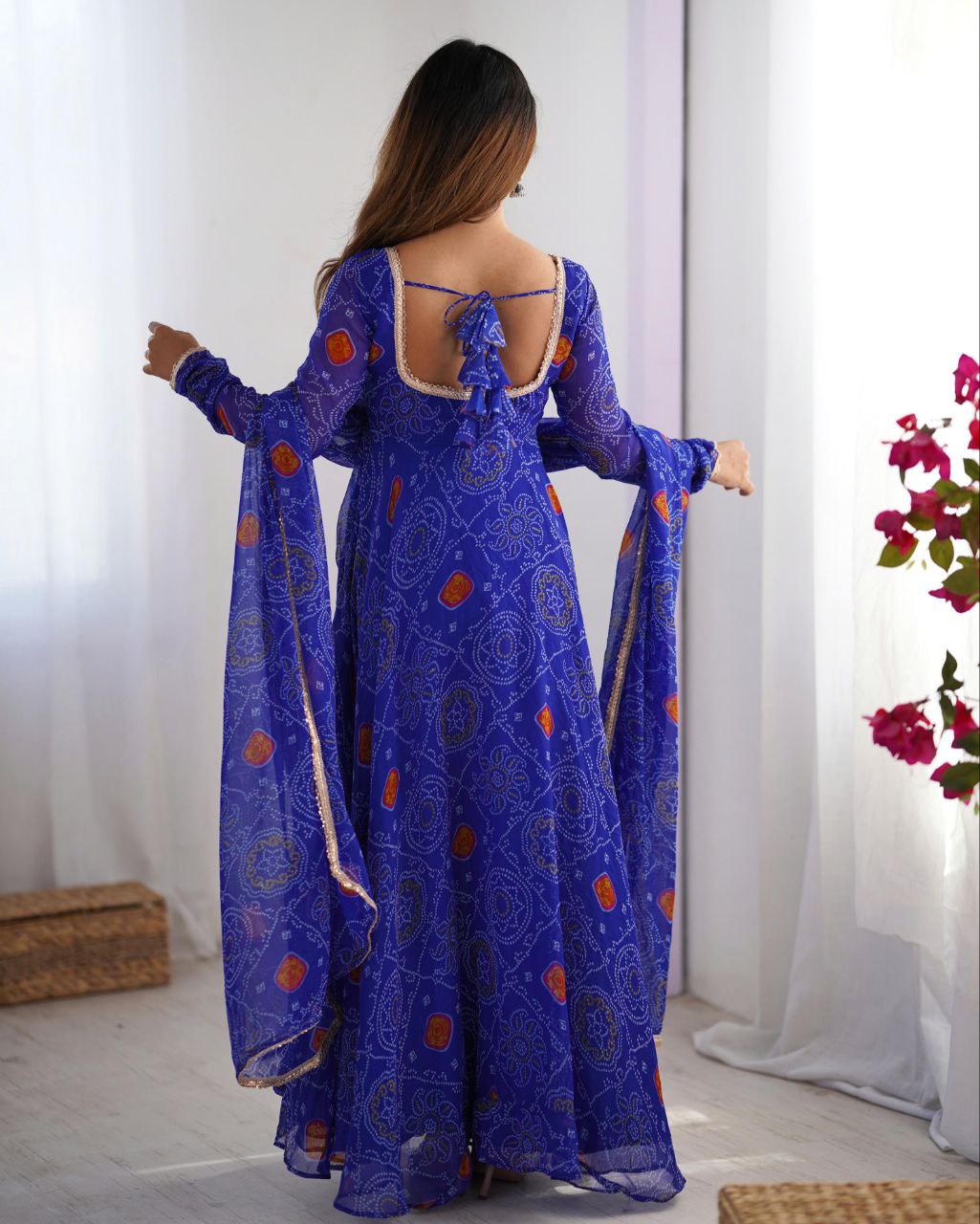 Green , Pink , Red & Blue Chiffon Printed Anarkali Suit With Dupatta