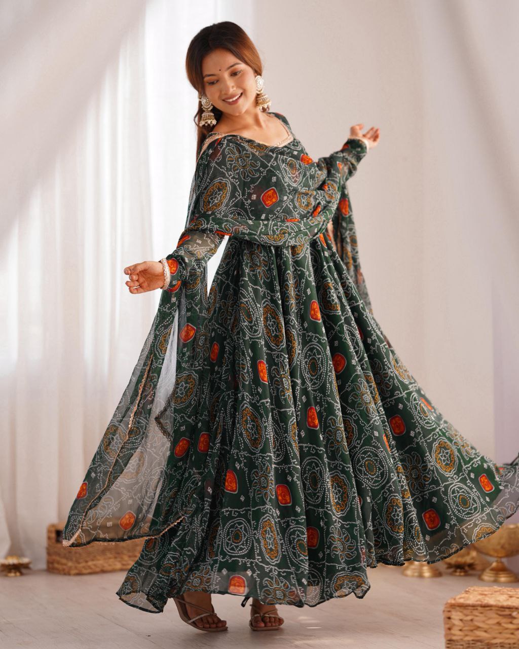 Green , Pink , Red & Blue Chiffon Printed Anarkali Suit With Dupatta