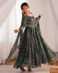 Green , Pink , Red & Blue Chiffon Printed Anarkali Suit With Dupatta