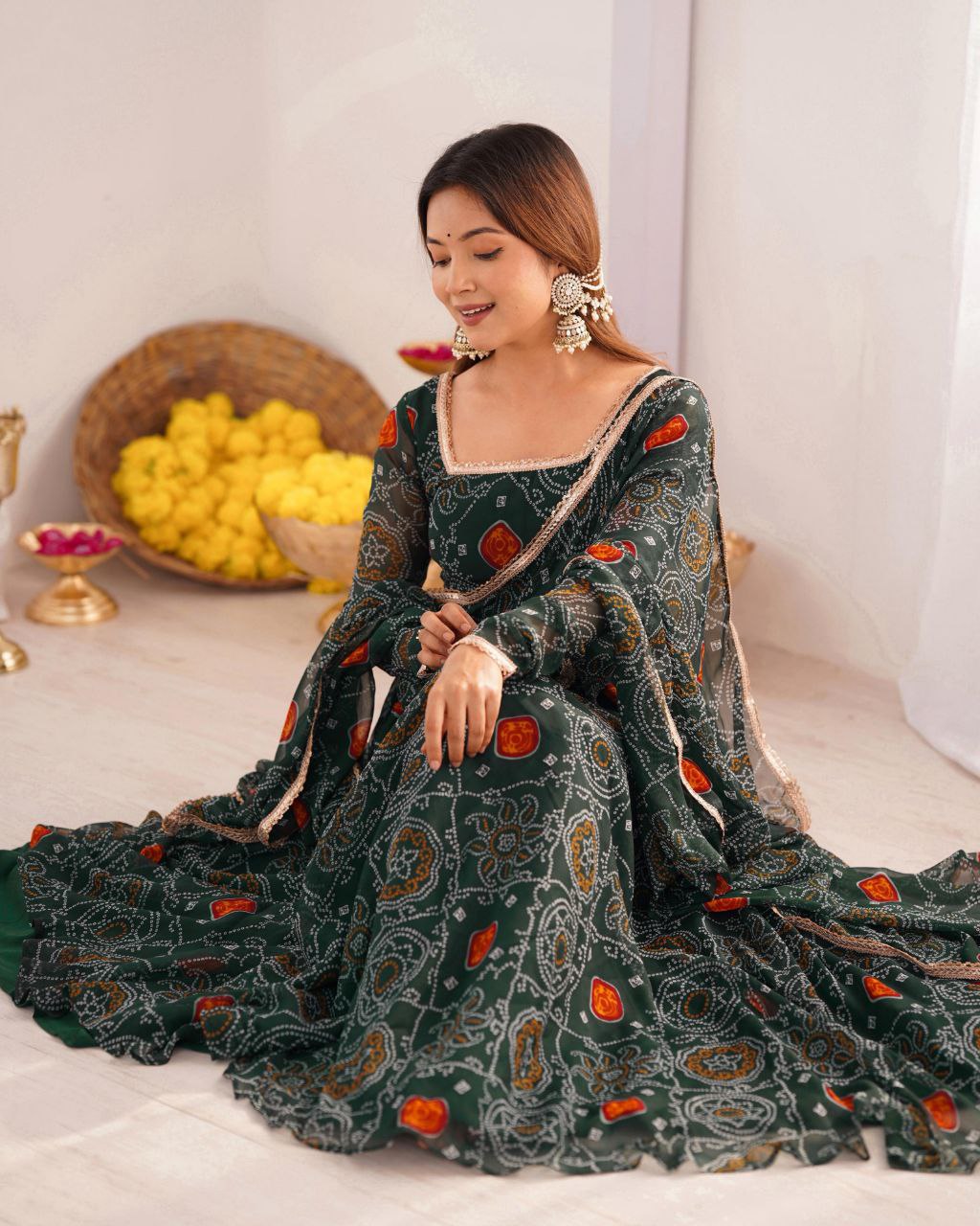 Green , Pink , Red & Blue Chiffon Printed Anarkali Suit With Dupatta