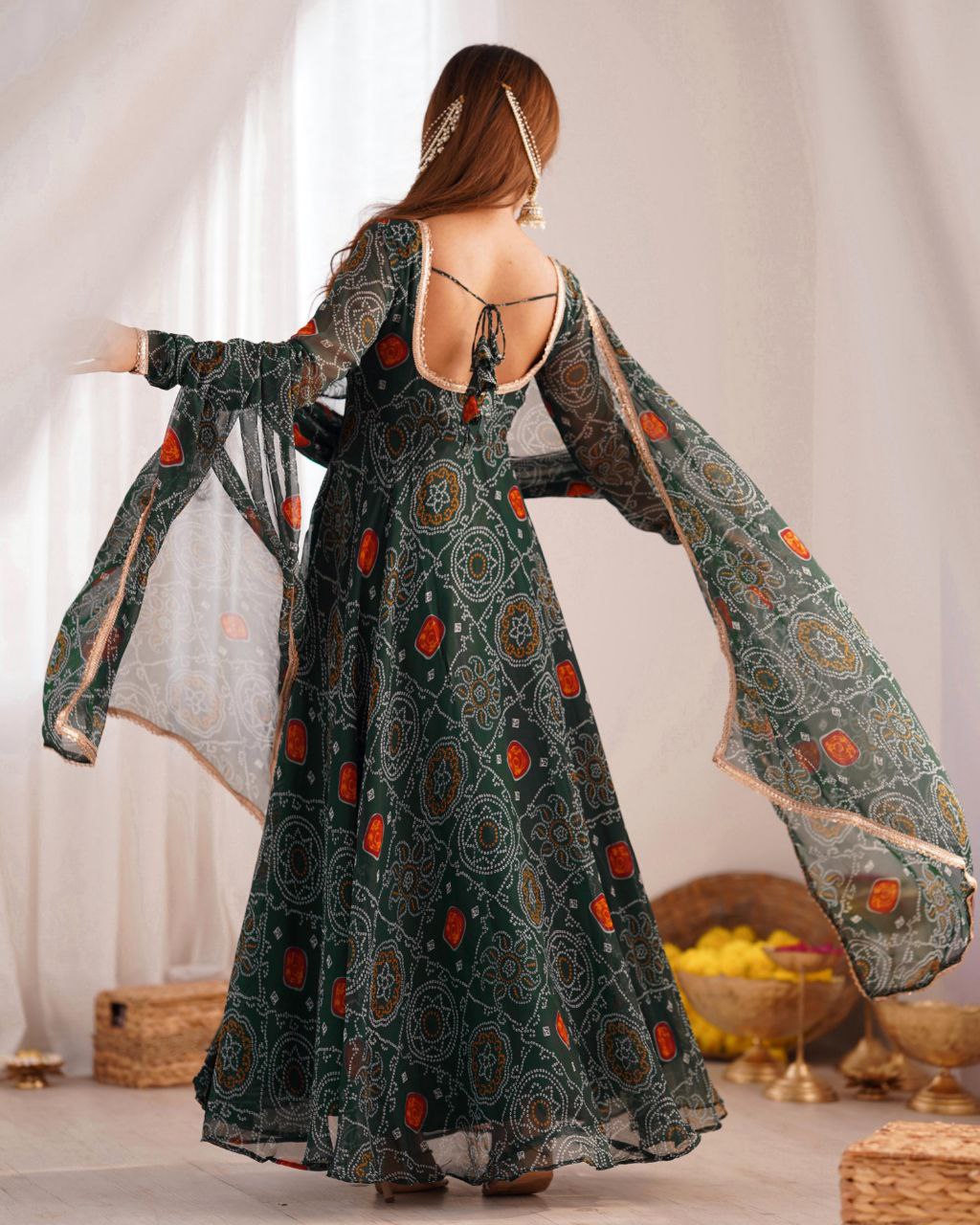 Green , Pink , Red & Blue Chiffon Printed Anarkali Suit With Dupatta