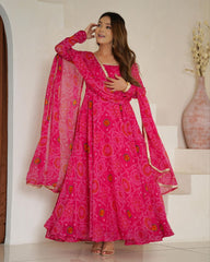 Green , Pink , Red & Blue Chiffon Printed Anarkali Suit With Dupatta