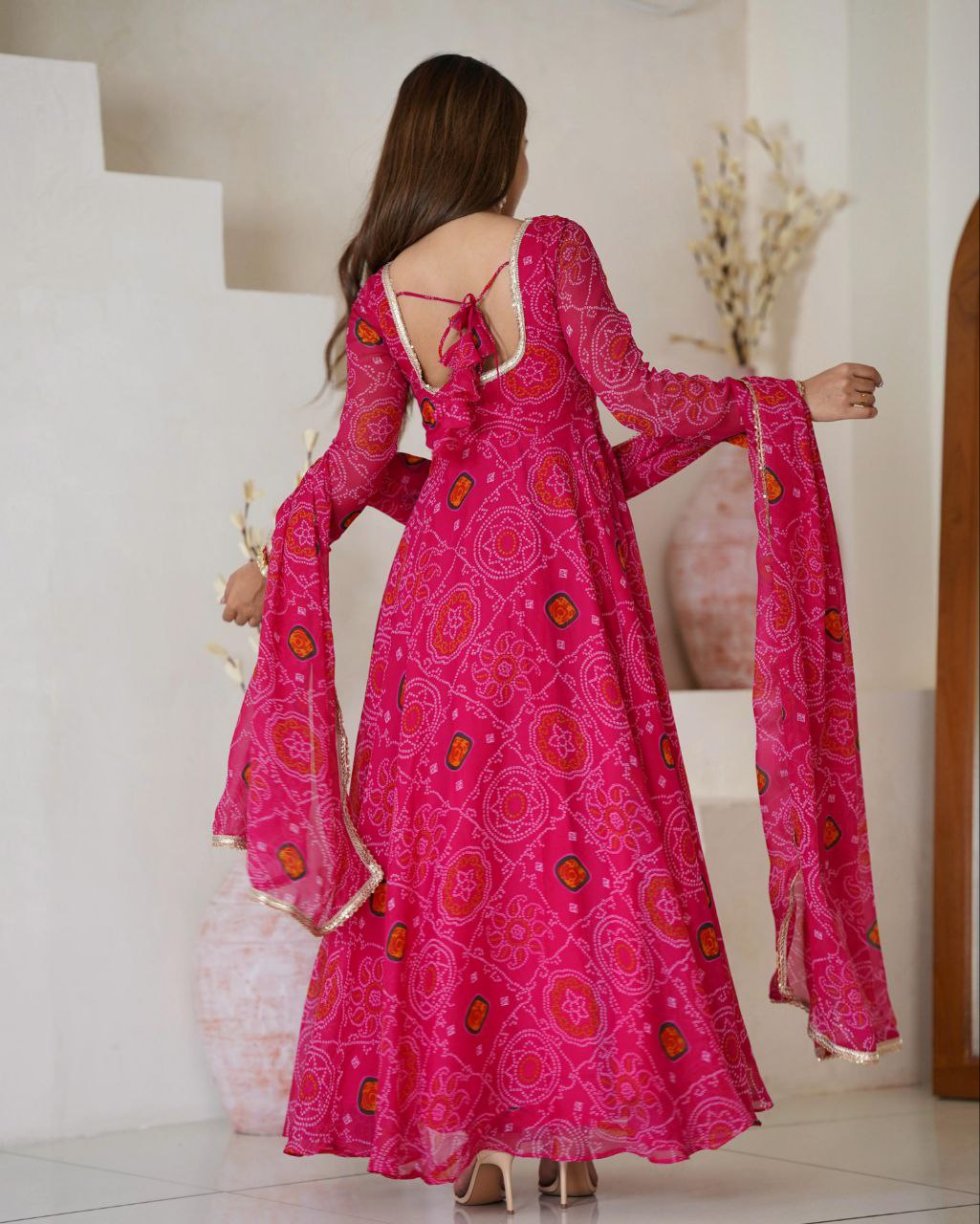 Green , Pink , Red & Blue Chiffon Printed Anarkali Suit With Dupatta