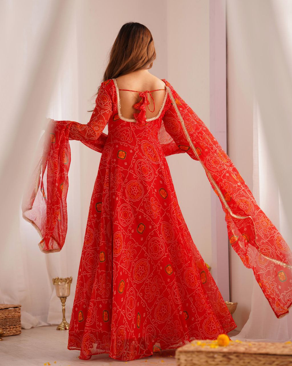 Green , Pink , Red & Blue Chiffon Printed Anarkali Suit With Dupatta