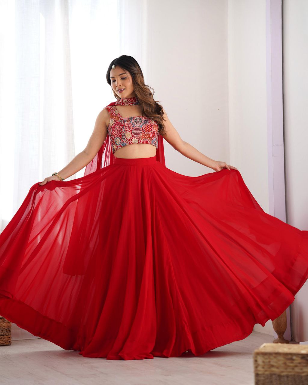 Exclusive Yellow And Red Faux Georgette Sequence Work Lehenga Choli With Dupatta