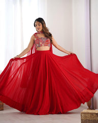 Exclusive Yellow And Red Faux Georgette Sequence Work Lehenga Choli With Dupatta