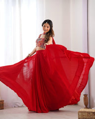 Yellow And Red Faux Georgette Sequence Work Lehenga Choli With Dupatta