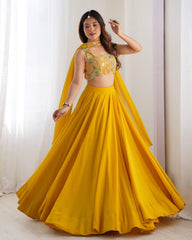 Exclusive Yellow And Red Faux Georgette Sequence Work Lehenga Choli With Dupatta