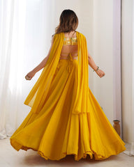 Exclusive Yellow And Red Faux Georgette Sequence Work Lehenga Choli With Dupatta