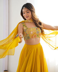 Yellow And Red Faux Georgette Sequence Work Lehenga Choli With Dupatta