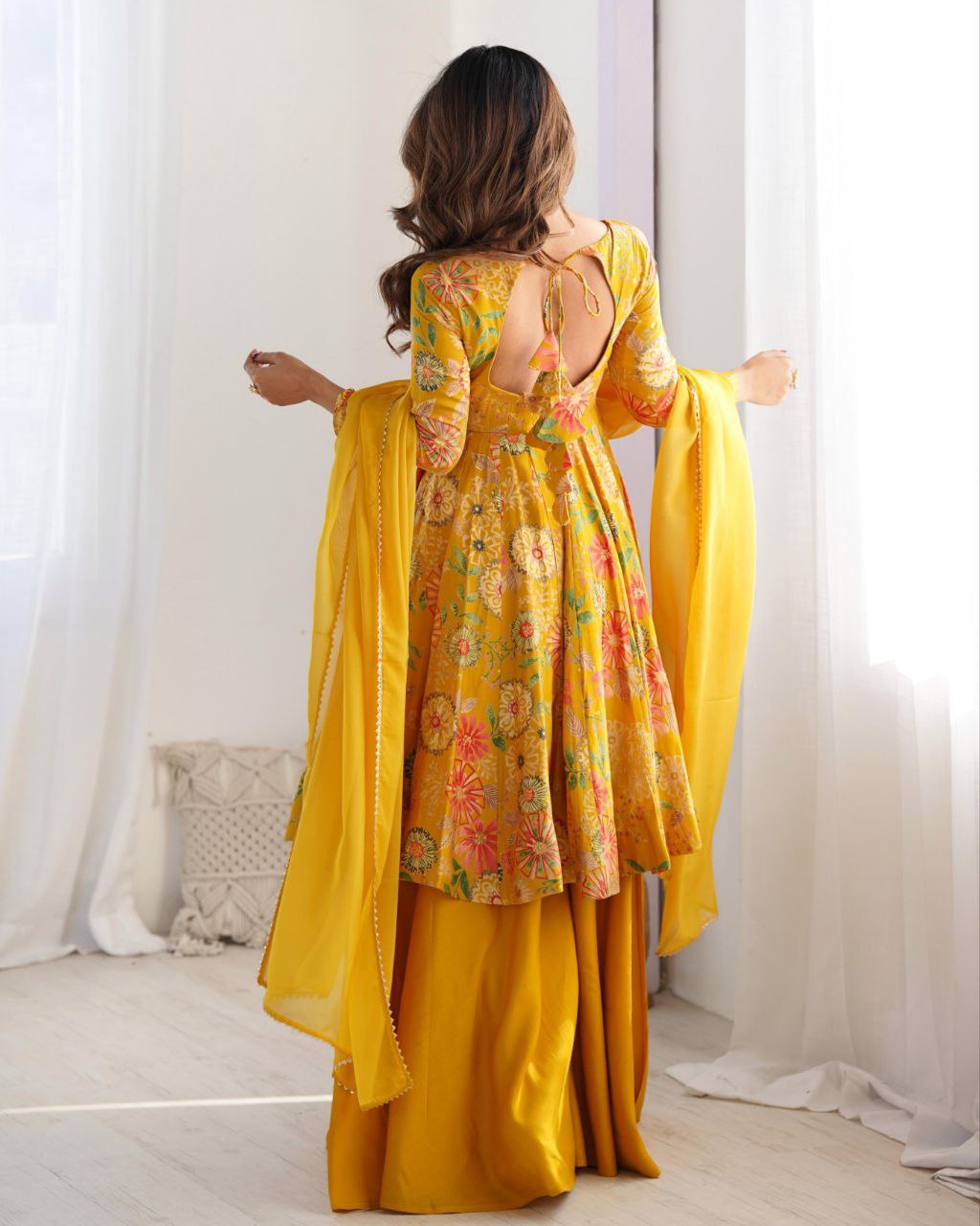 Yellow Soft Roman Silk Floral Printed Sharara Suit With Dupatta