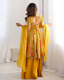 Premium Yellow Soft Roman Silk Floral Printed Sharara Suit With Dupatta