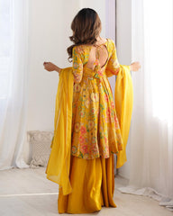 Yellow Soft Roman Silk Floral Printed Sharara Suit With Dupatta