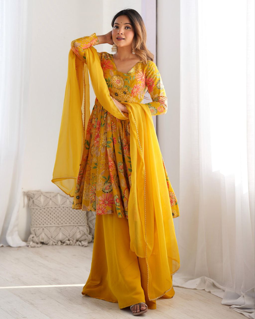 Yellow Soft Roman Silk Floral Printed Sharara Suit With Dupatta