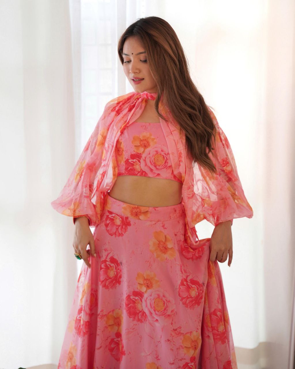 Peach Pink Organza Floral Printed Lehenga Choli