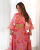 Premium Peach Pink Organza Floral Printed Lehenga Choli