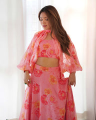Peach Pink Organza Floral Printed Lehenga Choli