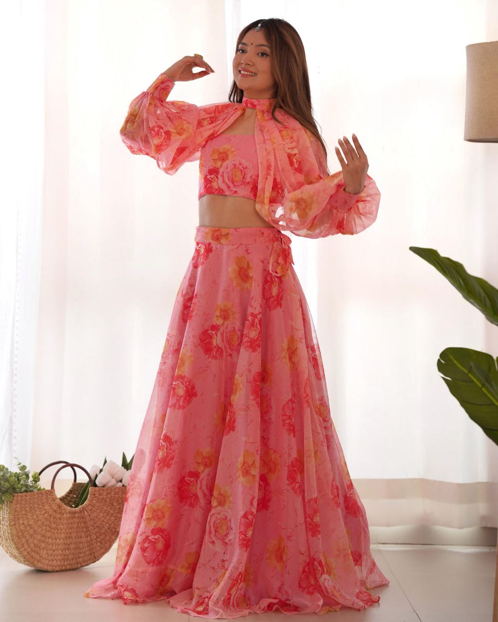 Peach Pink Organza Floral Printed Lehenga Choli