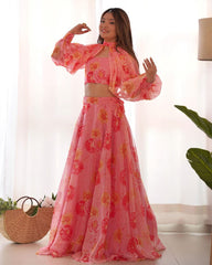 Peach Pink Organza Floral Printed Lehenga Choli