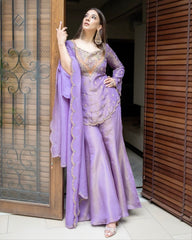 Exclusive Light Purple Simmer Silk Embroidery Work Palazo Suit With Dupatta