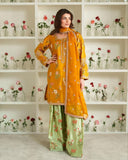Exclusive Yellow & Green Crep Silk Embroidery Work Farshi Suit With Dupatta