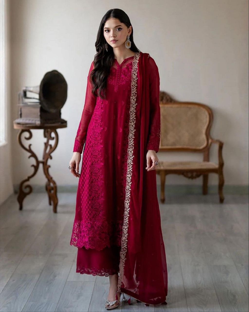 Exclusive Cherry Red Soft Georgette Embroidery Work Pakistani Suit With Dupatta