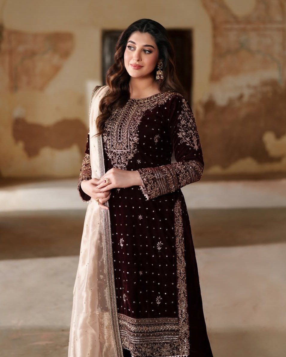 Exclusive Brown Velvet Embroidery Work Pakistani Suit With Dupatta