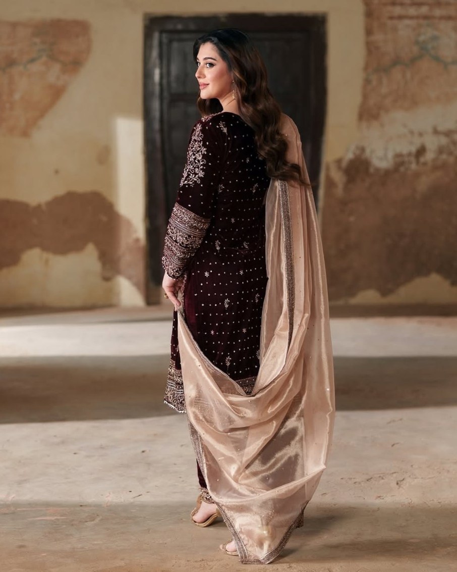 Exclusive Brown Velvet Embroidery Work Pakistani Suit With Dupatta