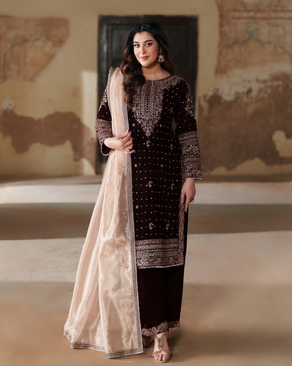 Exclusive Brown Velvet Embroidery Work Pakistani Suit With Dupatta