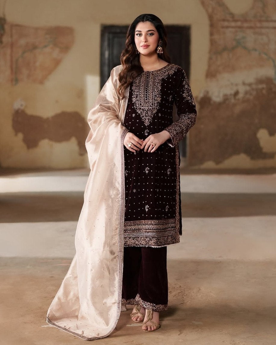 Exclusive Brown Velvet Embroidery Work Pakistani Suit With Dupatta