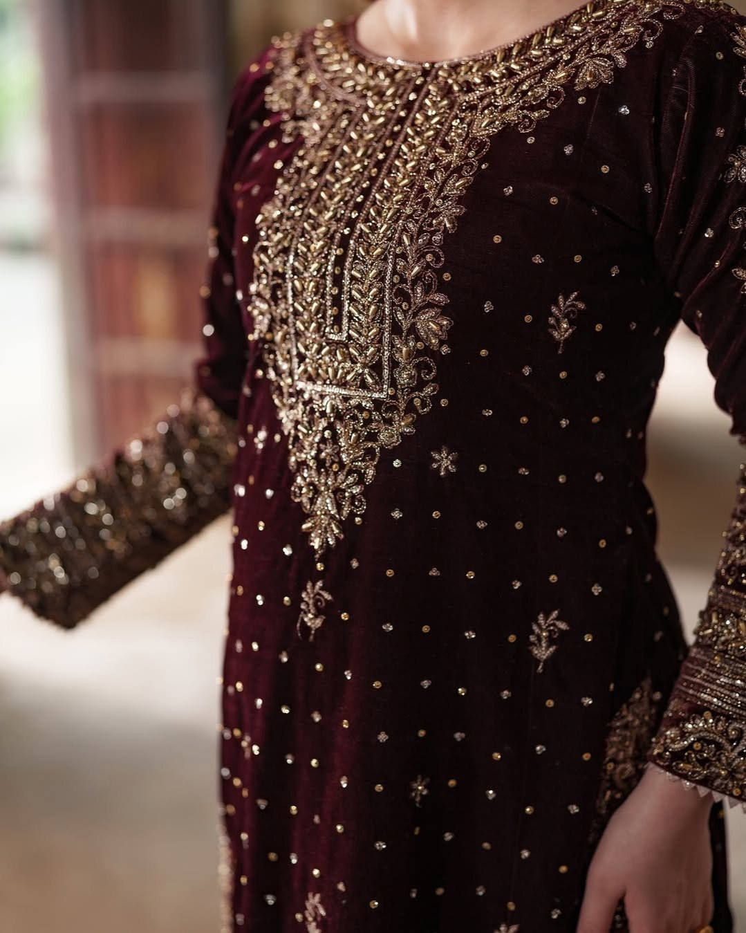 Exclusive Brown Velvet Embroidery Work Pakistani Suit With Dupatta
