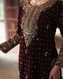 Exclusive Brown Velvet Embroidery Work Pakistani Suit With Dupatta