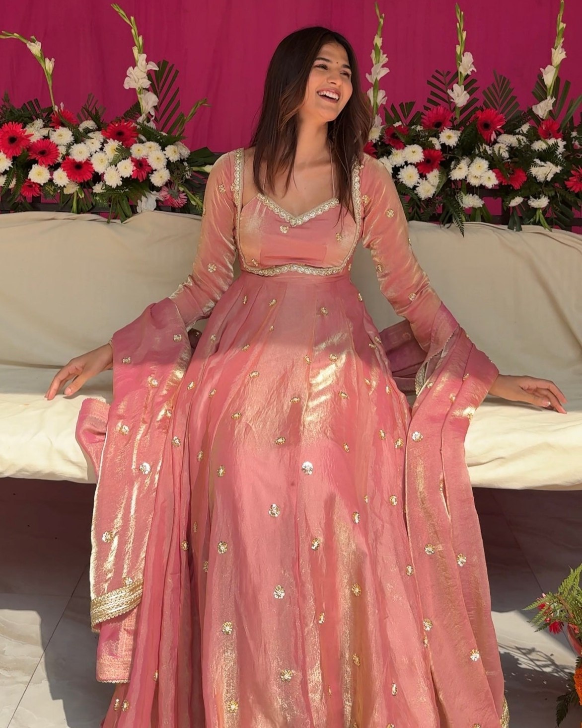 Exclusive Peach Silk Embroidery Work Anarkali Gown With Dupatta