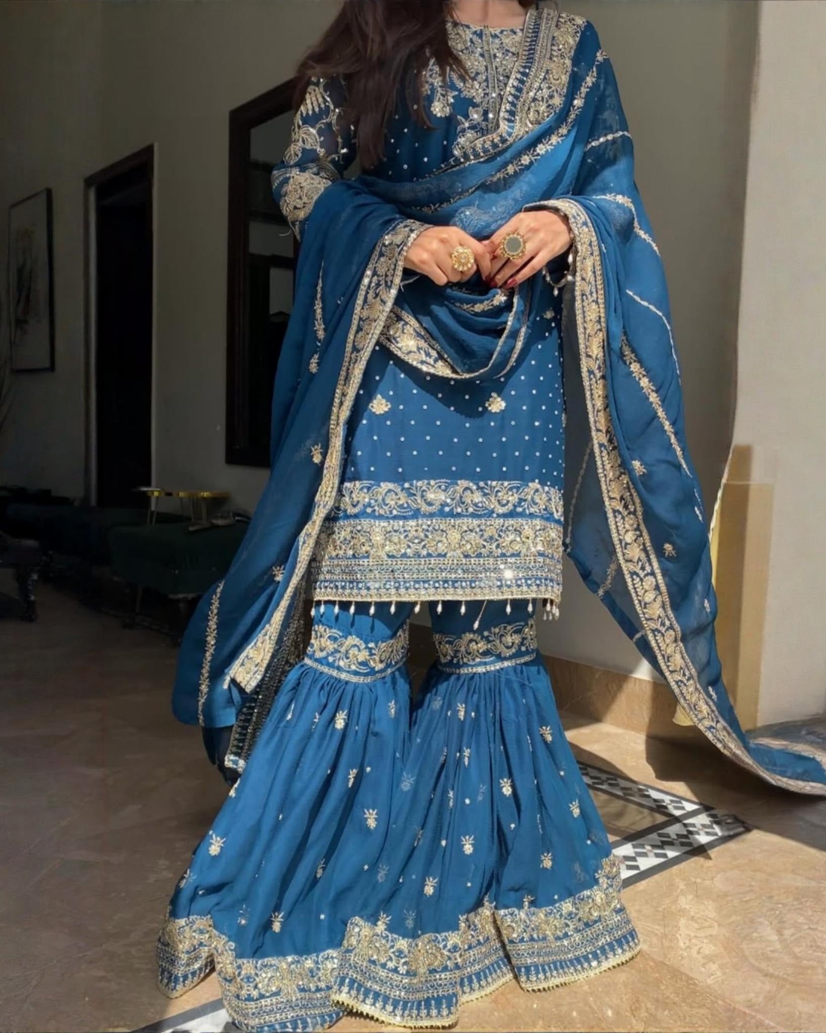 Exclusive Blue Georgette Embroidery Work Gharara Suit With Dupatta