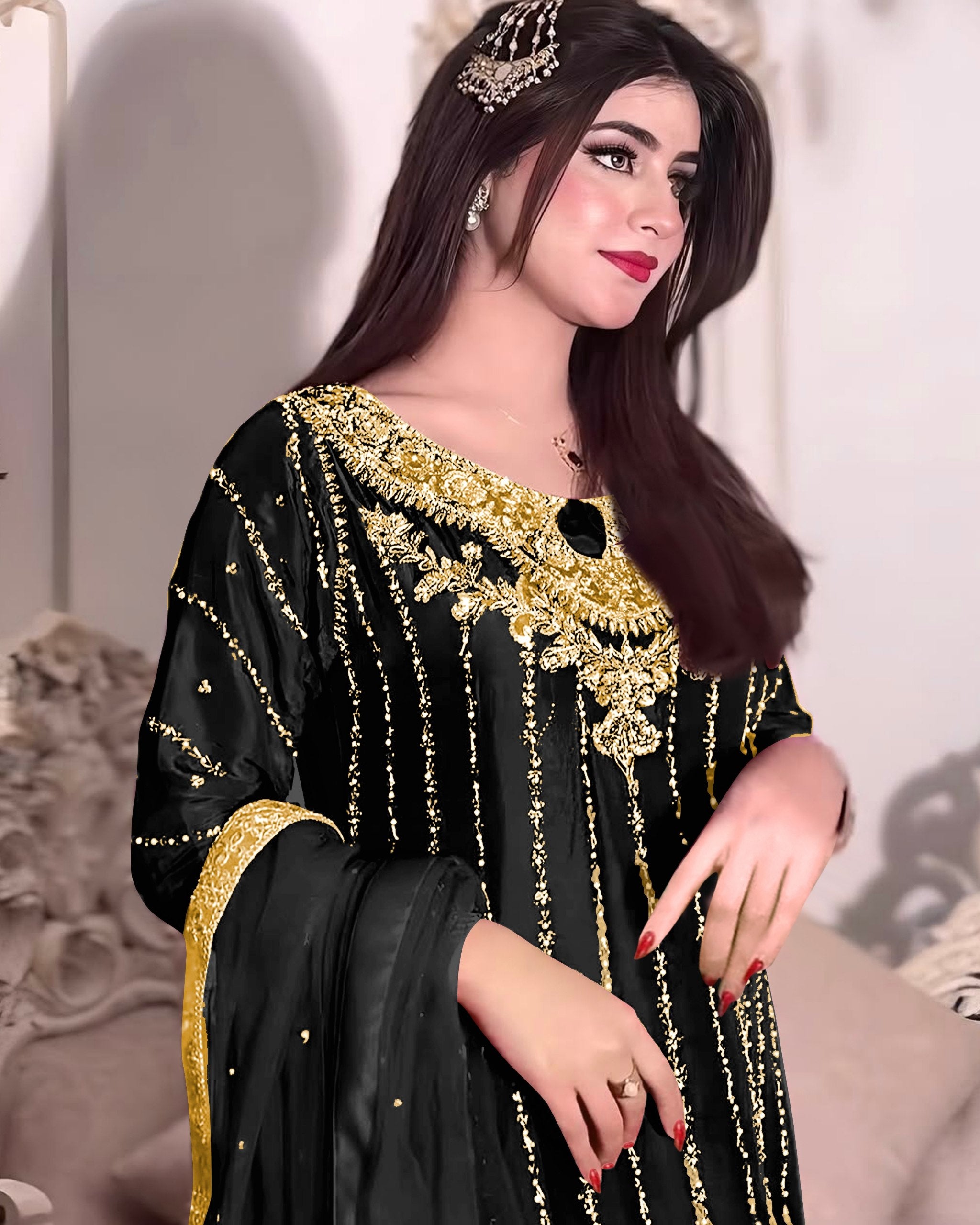 Ready To Wear Multi Chinon Silk Embroidery Work Pakistani Suit With Dupatta