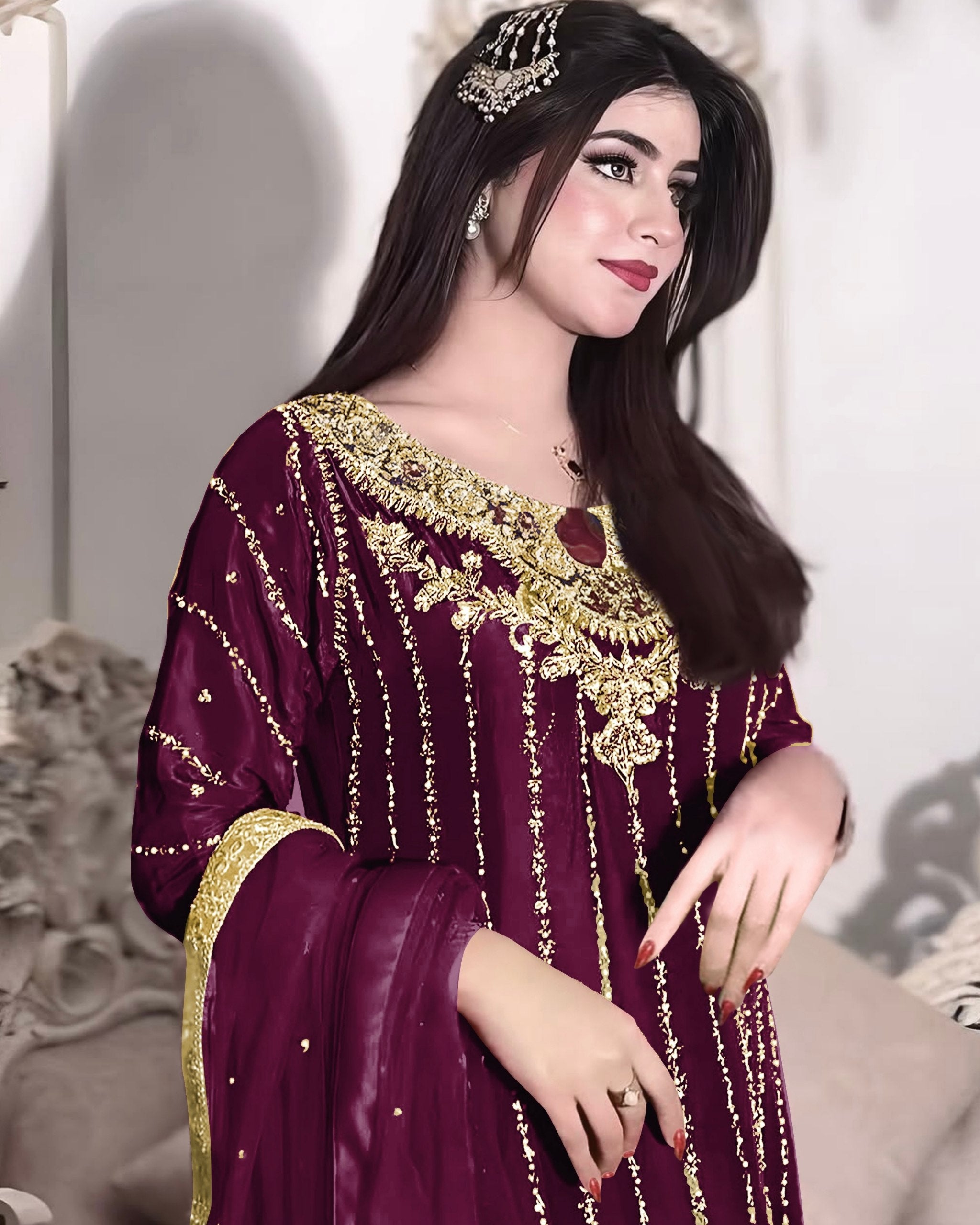 Ready To Wear Multi Chinon Silk Embroidery Work Pakistani Suit With Dupatta