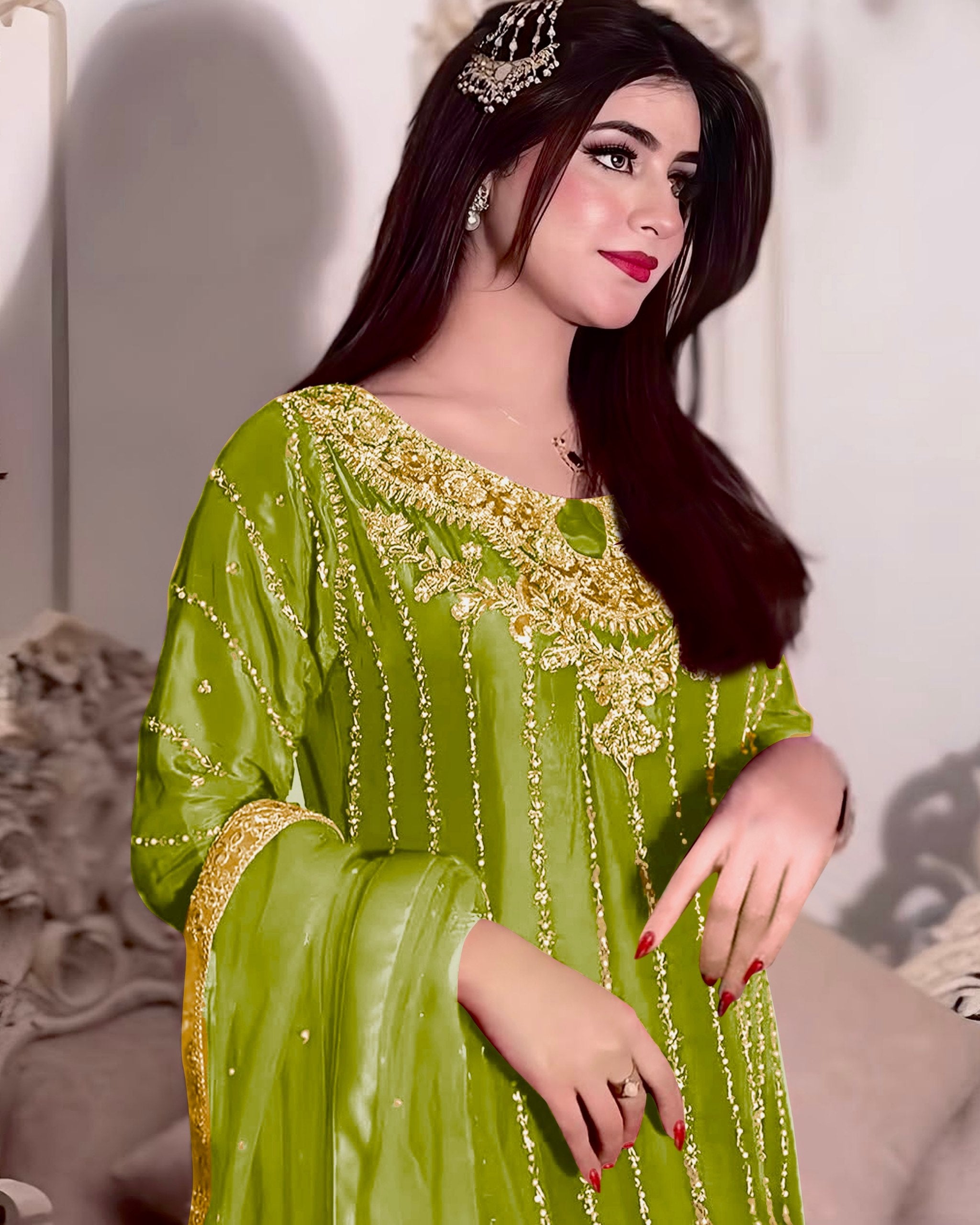 Ready To Wear Multi Chinon Silk Embroidery Work Pakistani Suit With Dupatta