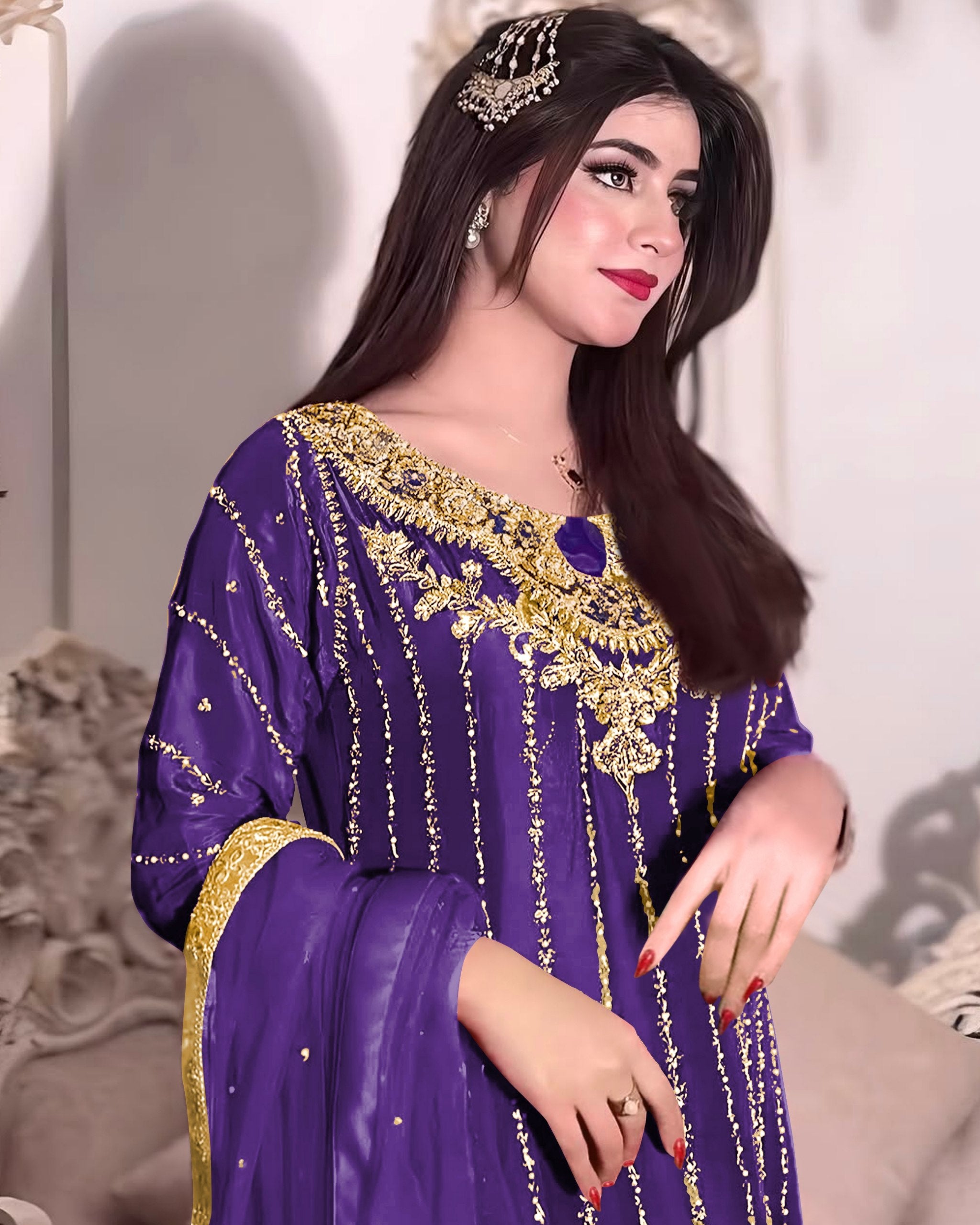 Ready To Wear Multi Chinon Silk Embroidery Work Pakistani Suit With Dupatta
