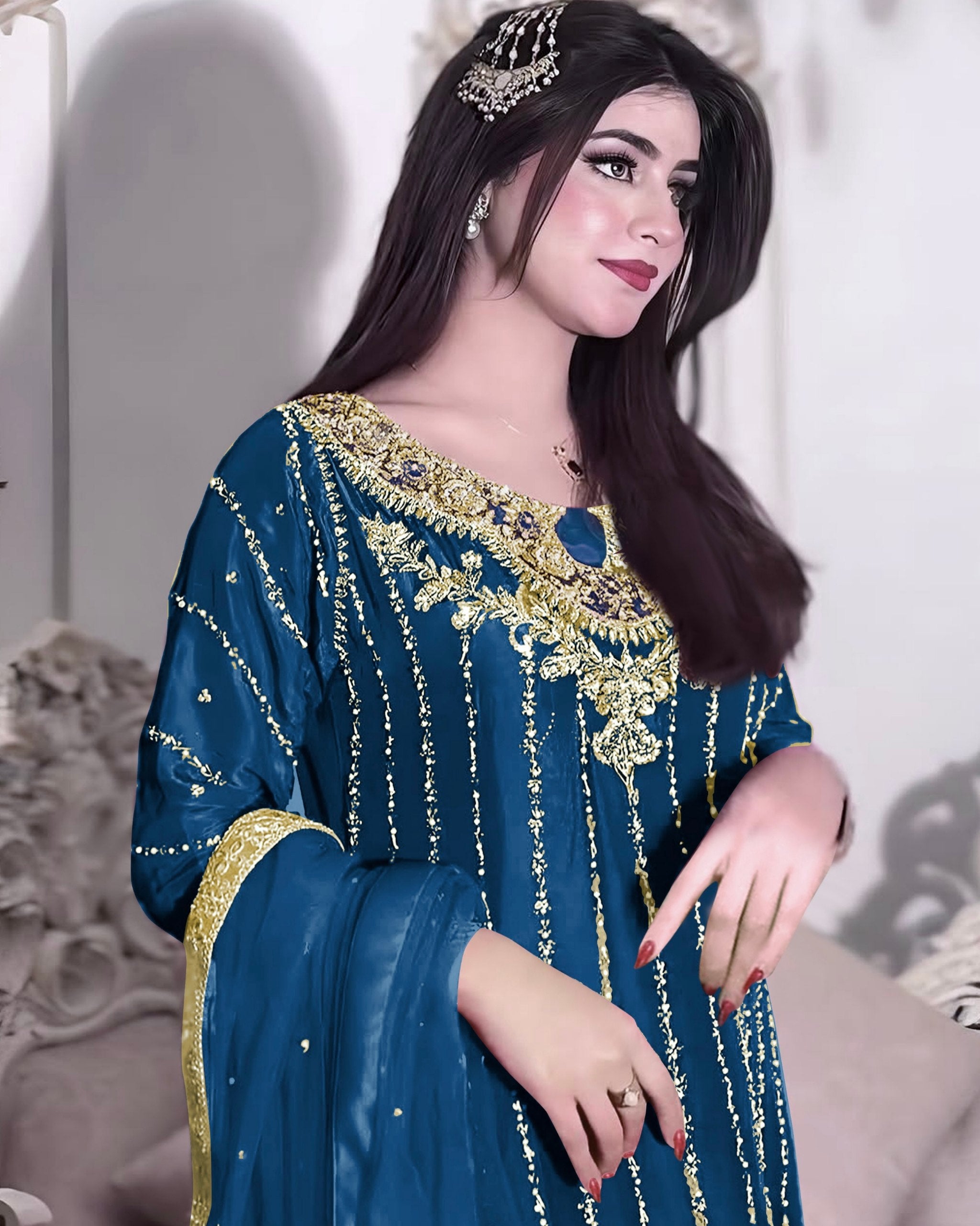 Ready To Wear Multi Chinon Silk Embroidery Work Pakistani Suit With Dupatta