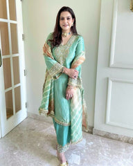 Sea Green Silk Embroidery Work Salwar Suit With Dupatta