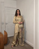 Ivory Golden Satin Silk Embroidery Work Farshi Suit With Dupatta