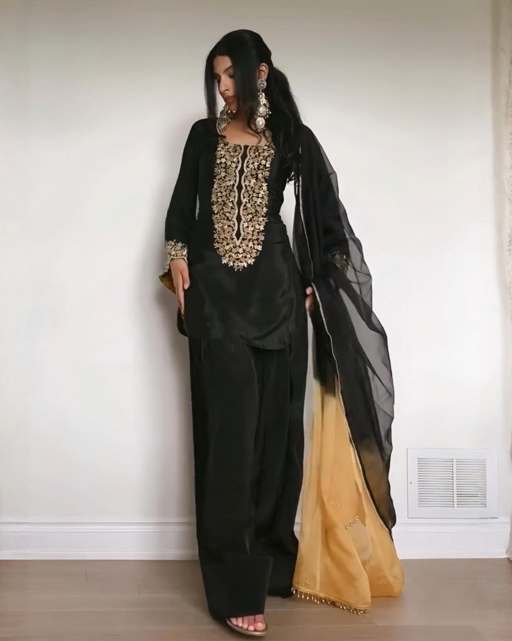 Ready To Wear Black Satin Silk Sequence Work Farshi Suit With Shaded Dupatta