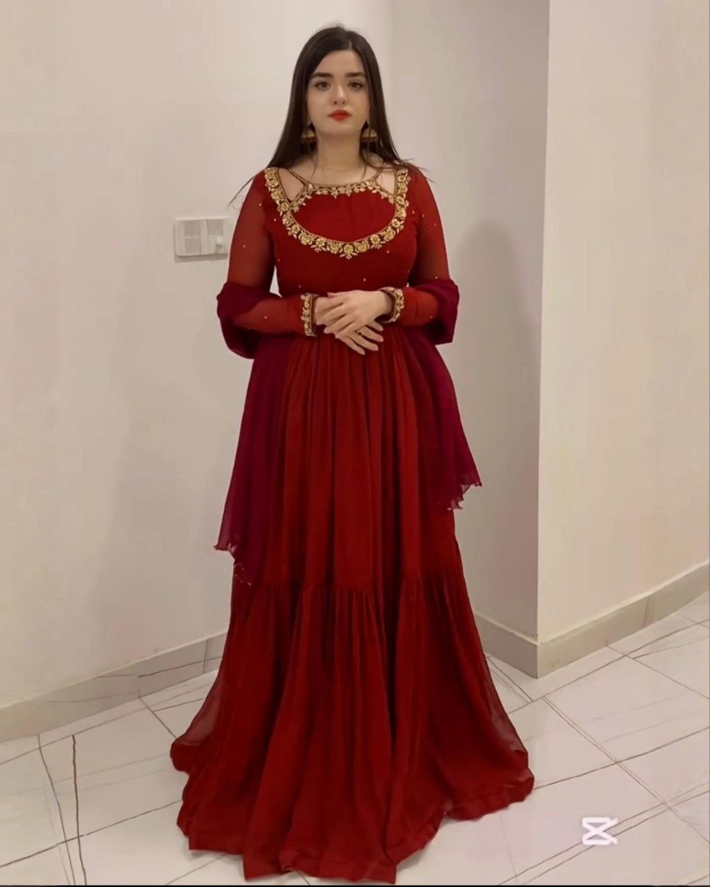 Ready To Wear Red Soft Georgette Sequence Work Anarkali Gown With Dupatta