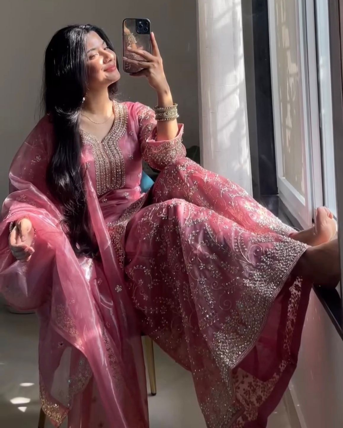 Exclusive Peach Silk Embroidery Work Palazo Suit With Dupatta